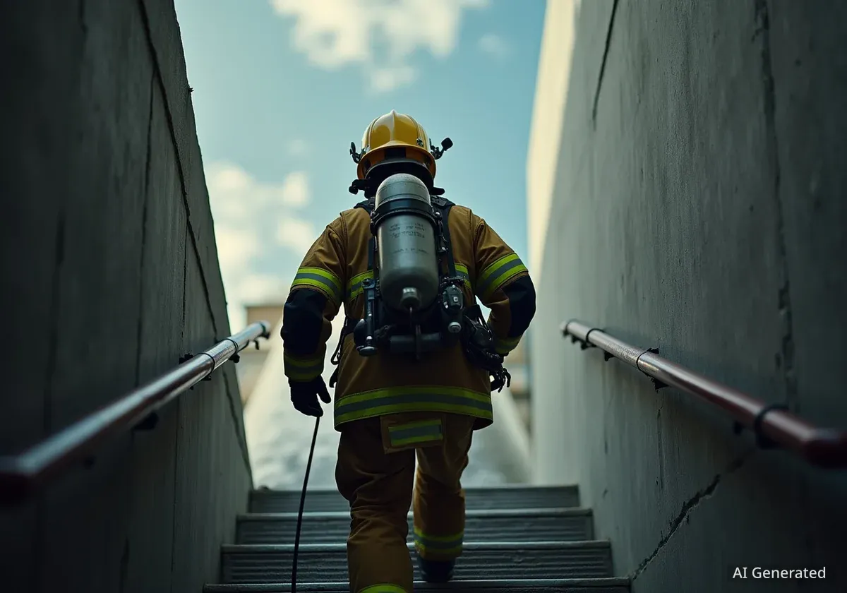 Feuerwehrleute erklimmen Turm in voller Montur
